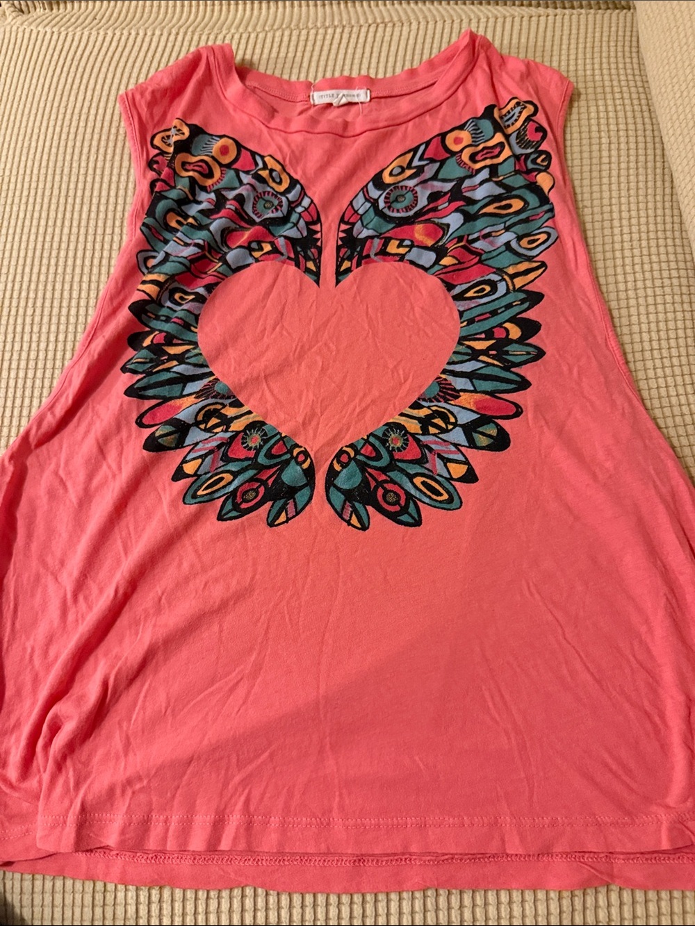 Title Unknown Coral Muscle Tee Tank with Colorful Winged Heart Graphic